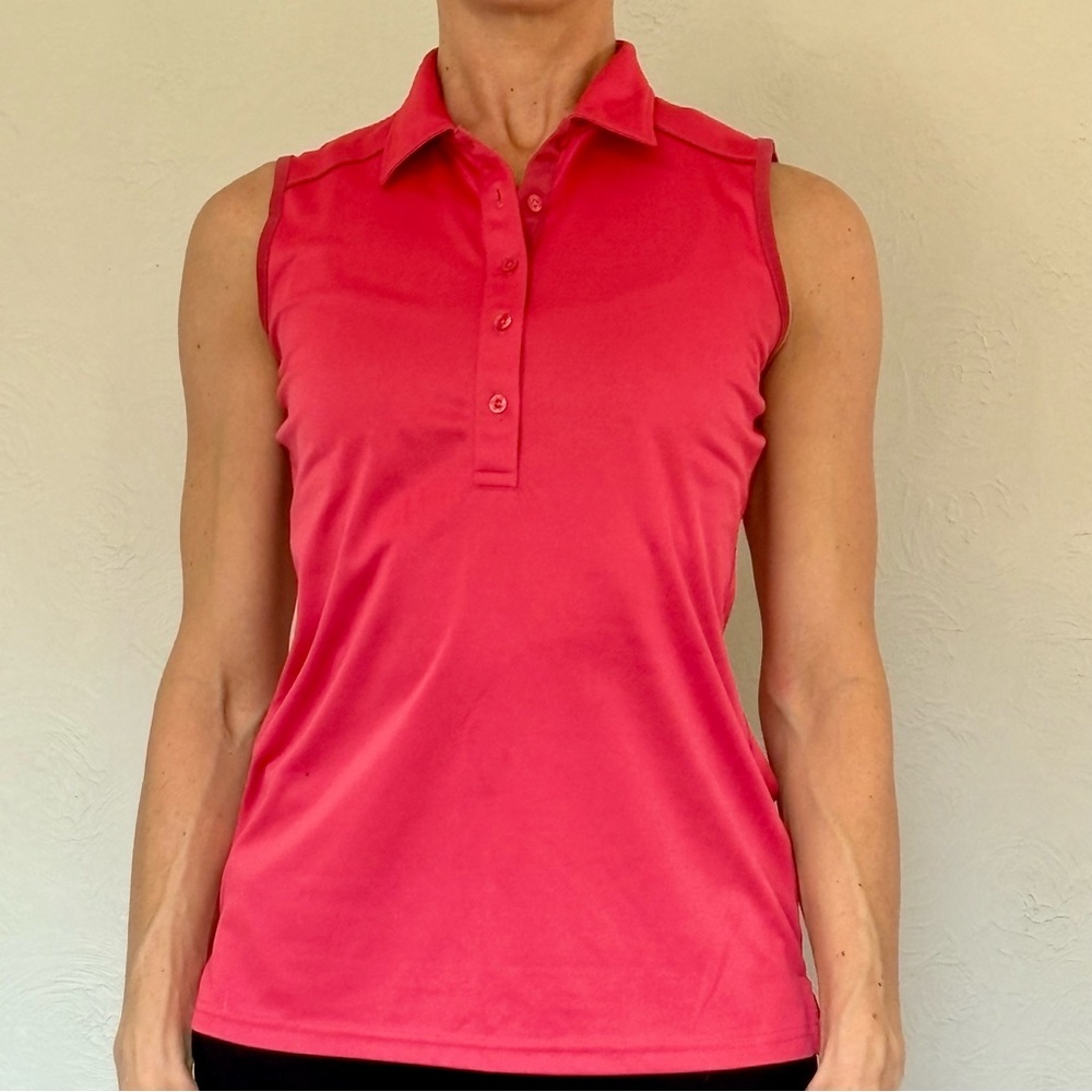 BRIGHT & BREATHABLE, pink sleeveless polo shirt, perfect for #Golf #Tennis